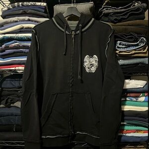 Men's Black Zip-Up Sweater with Embroidered Patch